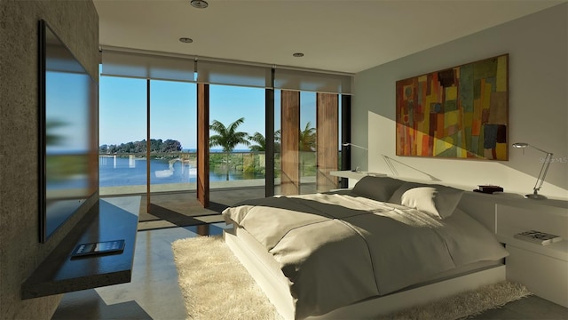 bedroom featuring floor to ceiling windows, access to exterior, and concrete flooring