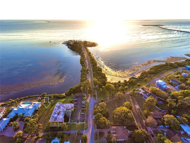 aerial view at dusk with a water view