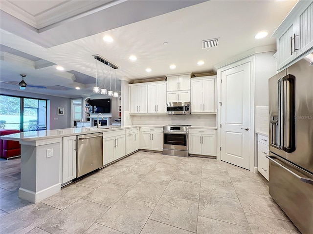 kitchen with open floor plan, a peninsula, appliances with stainless steel finishes, and light countertops