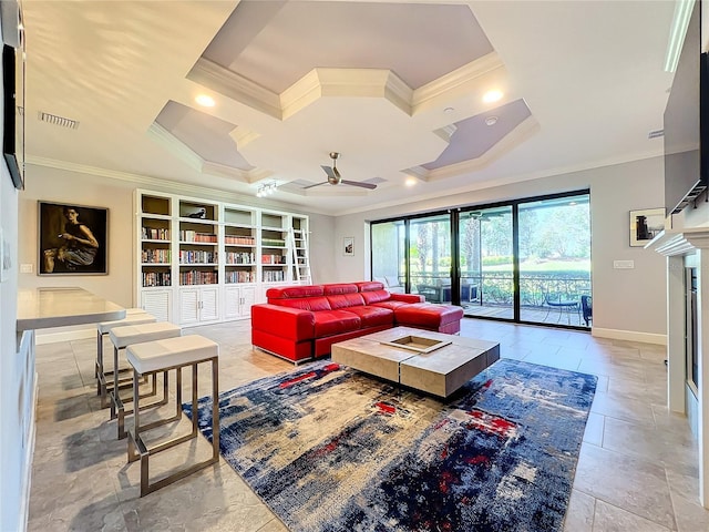 living area featuring ornamental molding, coffered ceiling, visible vents, and baseboards