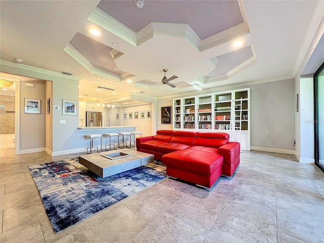 living room with baseboards, visible vents, ornamental molding, and a ceiling fan