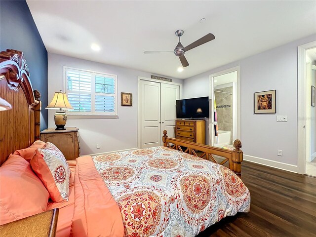 bedroom with ceiling fan, dark hardwood / wood-style floors, a closet, and ensuite bathroom