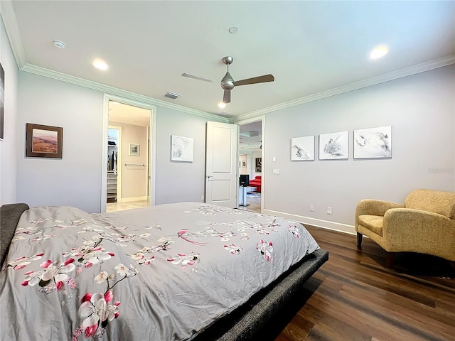 bedroom featuring baseboards, visible vents, a ceiling fan, ornamental molding, and dark wood-type flooring