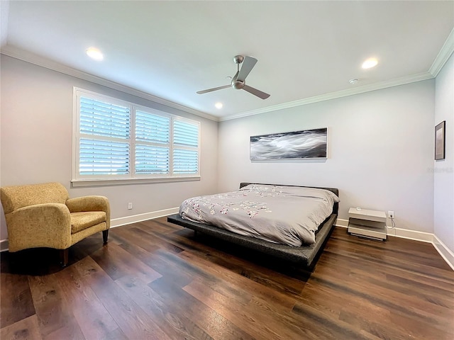 bedroom featuring dark hardwood / wood-style flooring, ornamental molding, and ceiling fan