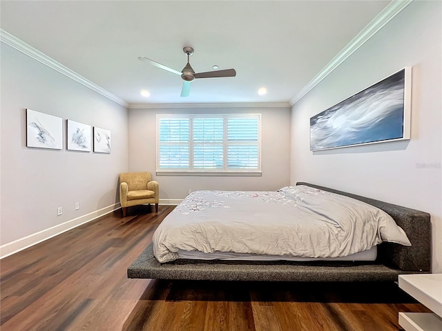 bedroom with dark wood-style floors, ceiling fan, baseboards, and crown molding