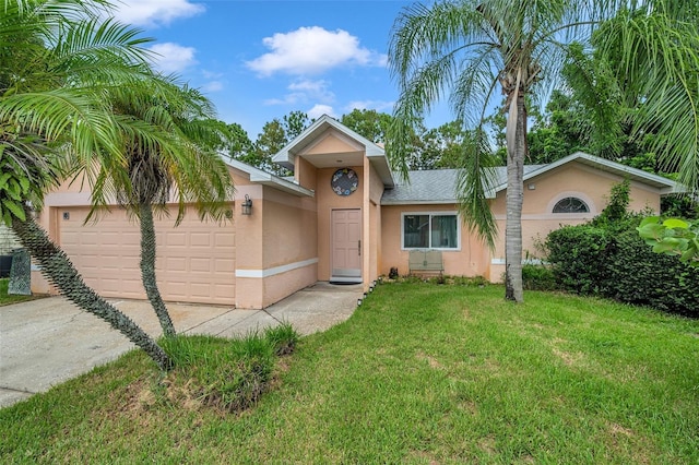 single story home with a garage and a front yard