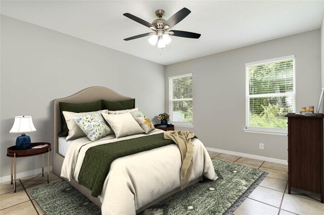 bedroom featuring ceiling fan and light tile patterned flooring