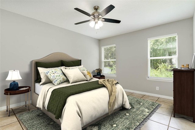 bedroom featuring a ceiling fan, multiple windows, baseboards, and light tile patterned flooring