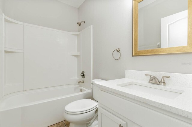 bathroom featuring vanity, shower / tub combination, toilet, and tile patterned floors