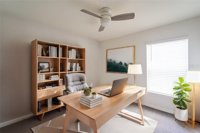 office space with ceiling fan and carpet flooring