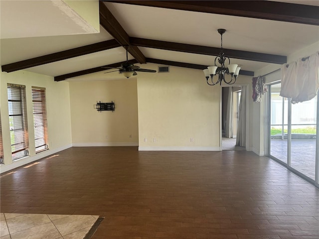 spare room with lofted ceiling with beams and ceiling fan with notable chandelier