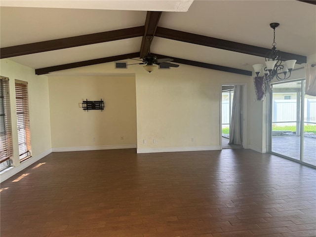 spare room with vaulted ceiling with beams and ceiling fan with notable chandelier