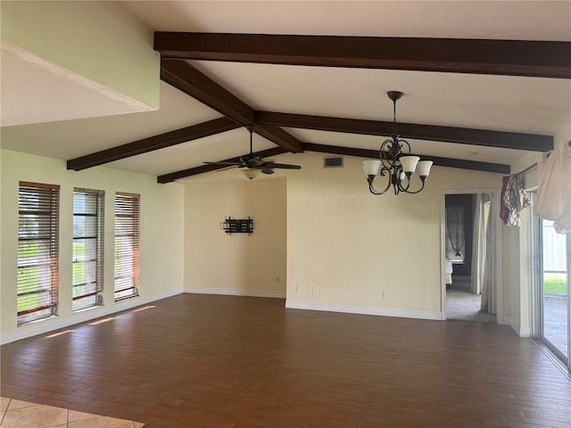 unfurnished room with vaulted ceiling with beams, baseboards, visible vents, and ceiling fan with notable chandelier