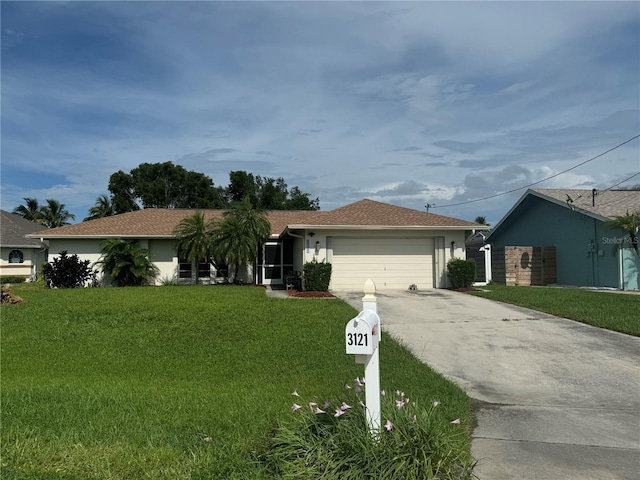 single story home featuring an attached garage, concrete driveway, a front yard, and stucco siding