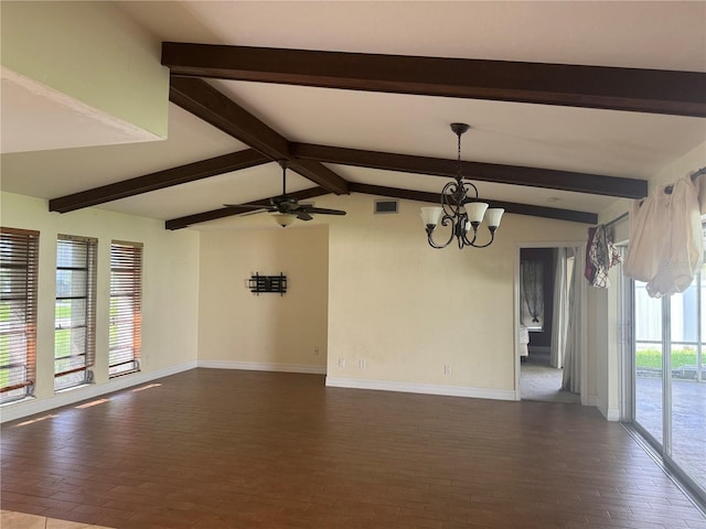 spare room with visible vents, vaulted ceiling with beams, baseboards, and ceiling fan with notable chandelier