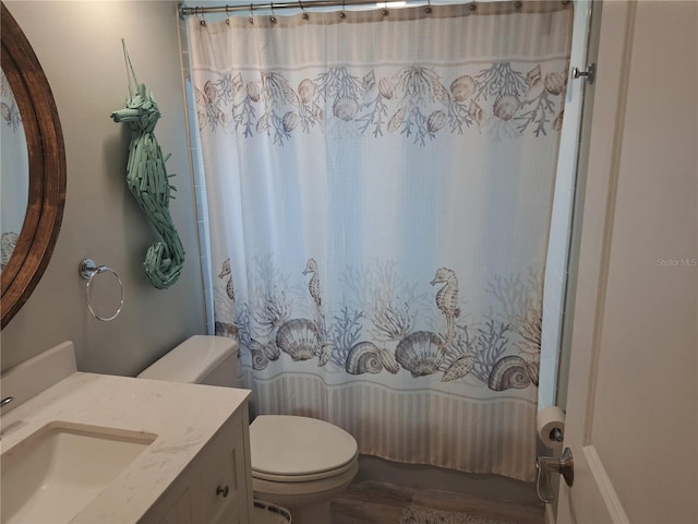 bathroom featuring hardwood / wood-style flooring, vanity, and toilet