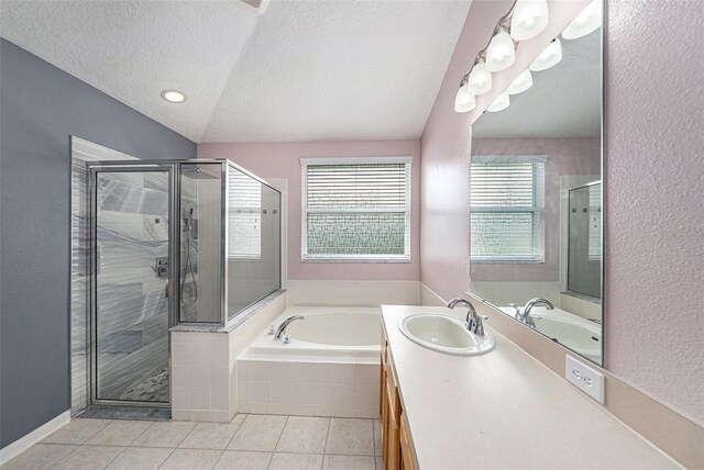 bathroom featuring tile patterned flooring, a textured ceiling, vaulted ceiling, and plus walk in shower