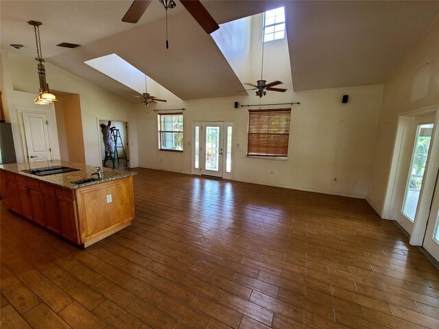 kitchen with dark wood-type flooring, a skylight, ceiling fan, and black appliances