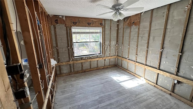 interior space featuring ceiling fan and a textured ceiling