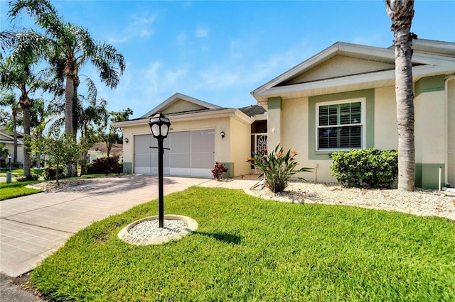 single story home with a garage, concrete driveway, a front lawn, and stucco siding