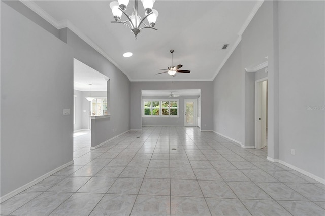 empty room with light tile patterned floors, ceiling fan with notable chandelier, and ornamental molding