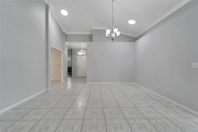 tiled empty room with a chandelier, ornamental molding, and lofted ceiling