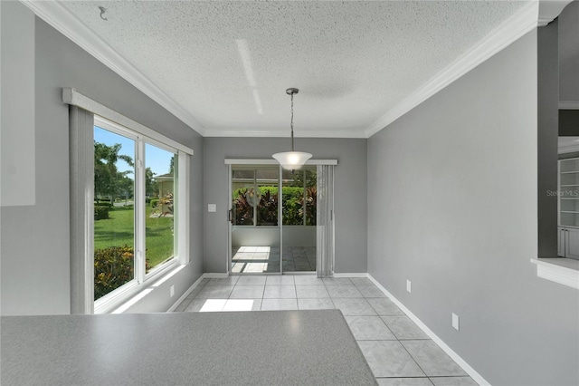 unfurnished dining area with crown molding, light tile patterned floors, and a textured ceiling