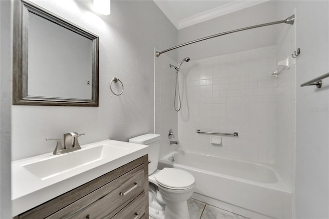 full bathroom featuring ornamental molding, tiled shower / bath combo, vanity, tile patterned flooring, and toilet