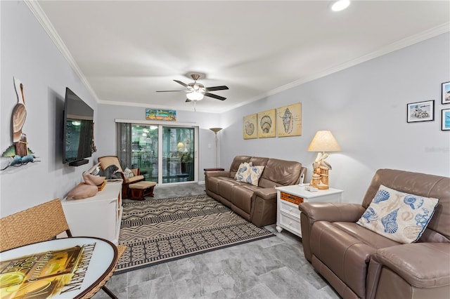 living room with ceiling fan and crown molding