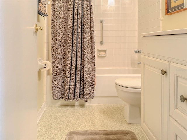 bathroom with toilet and shower / bath combo with shower curtain