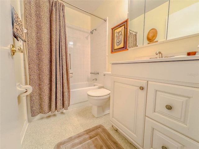 full bathroom with toilet, shower / bathtub combination with curtain, and vanity