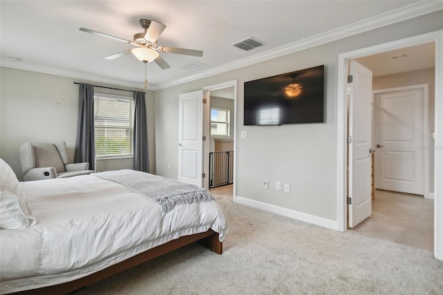 bedroom featuring light carpet, ornamental molding, and visible vents