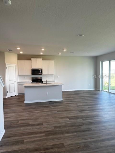 16013 7th Ave E, Bradenton, FL 34212 - kitchen with stainless steel appliances, open floor plan, baseboards, dark wood finished floors, and recessed lighting