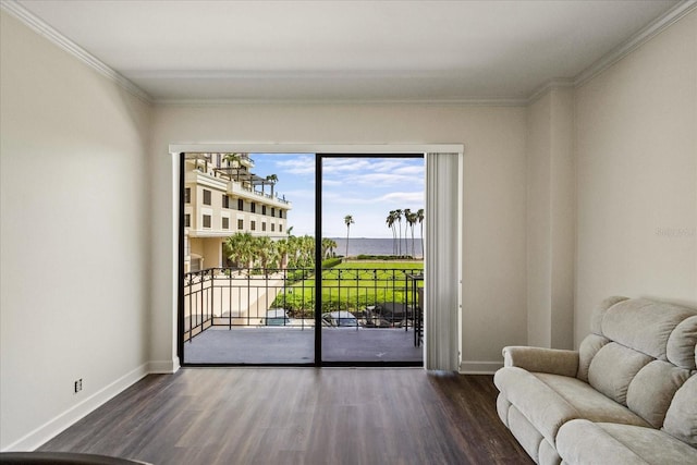 doorway featuring crown molding and dark hardwood / wood-style flooring