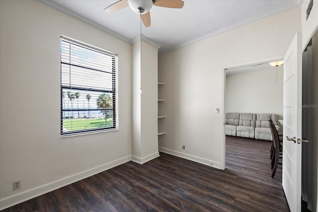 unfurnished room with ceiling fan, ornamental molding, and wood-type flooring