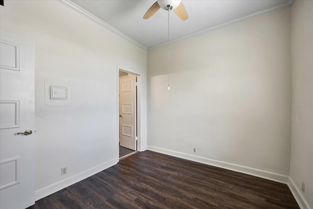 unfurnished room with ceiling fan, hardwood / wood-style flooring, and crown molding