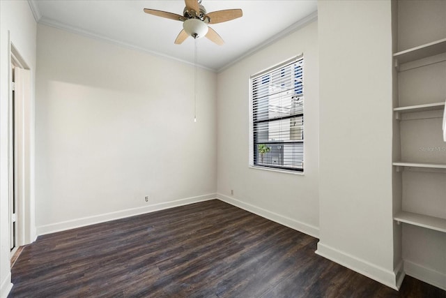 interior space with ceiling fan, hardwood / wood-style flooring, and ornamental molding