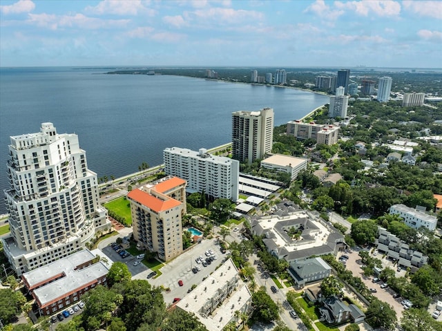 drone / aerial view with a water view