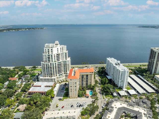 drone / aerial view with a water view