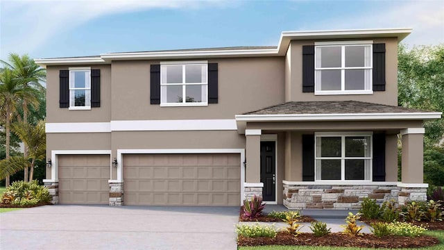 view of front of property with an attached garage, stone siding, driveway, and stucco siding