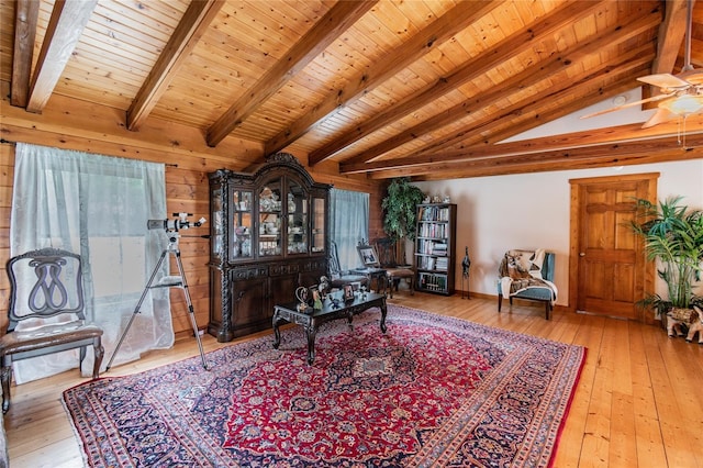 interior space featuring wooden ceiling, lofted ceiling with beams, and hardwood / wood-style floors