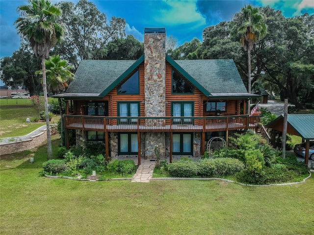 back of house featuring stone siding, french doors, a lawn, log siding, and a chimney