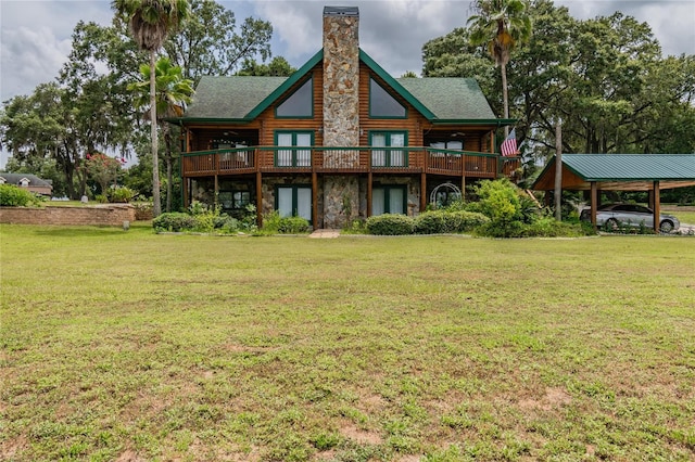 back of house featuring a carport, stone siding, a yard, and a chimney