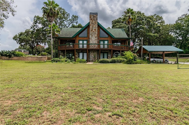 back of house with a carport, stone siding, a chimney, and a lawn