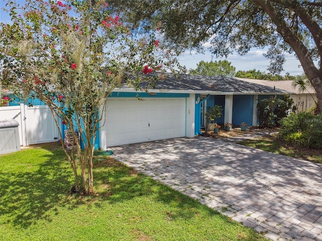 single story home featuring a garage and a front lawn