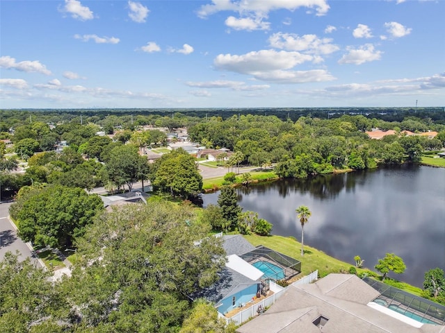 drone / aerial view with a water view