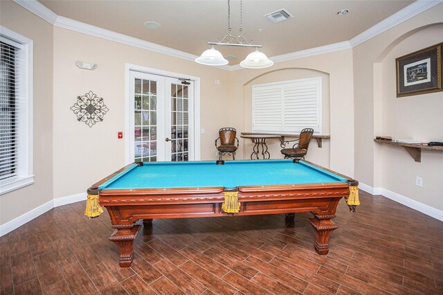 playroom with billiards, ornamental molding, wood-type flooring, and french doors