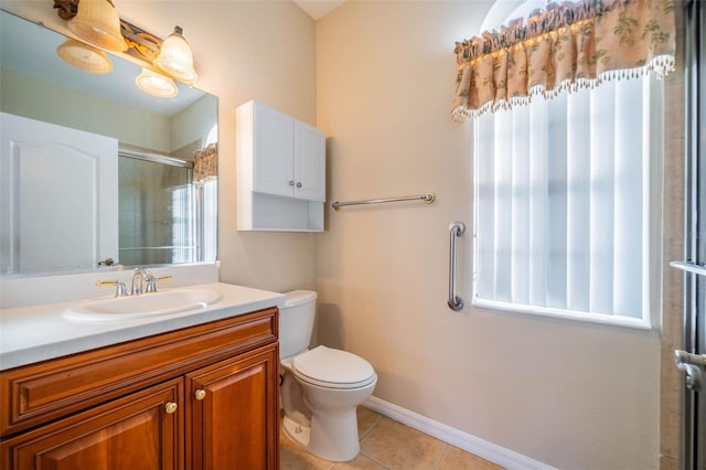 full bath with a shower with door, toilet, vanity, tile patterned flooring, and baseboards