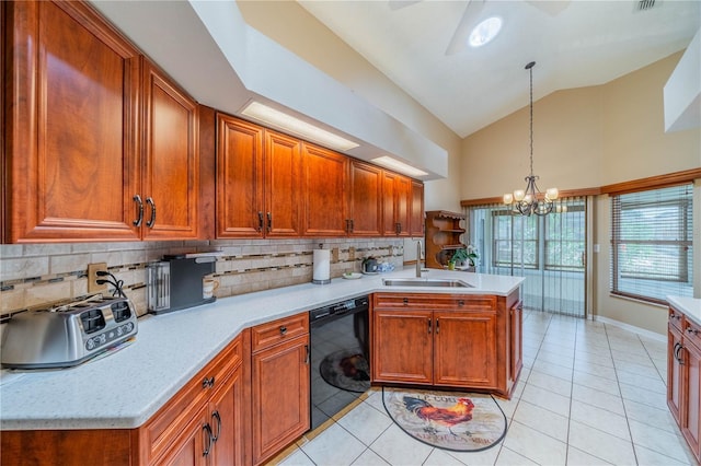 kitchen with brown cabinets, light tile patterned floors, a sink, dishwasher, and a peninsula