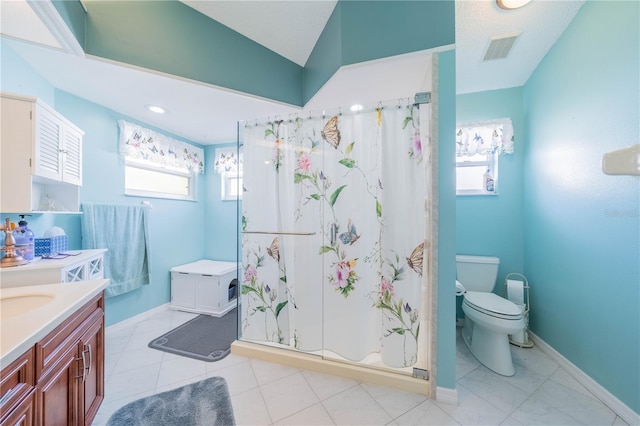 bathroom featuring vanity, toilet, and curtained shower